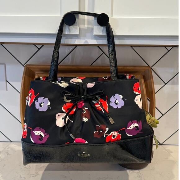 KATE SPADE black floral poppy print nylon patent leather satchel tote bow accent - Picture 1 of 14